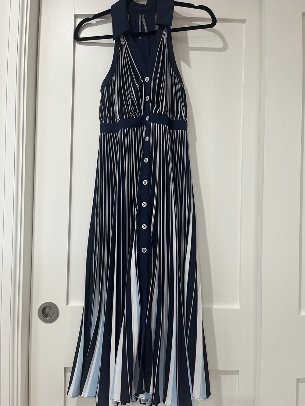 Anthropologie Petite Navy and White Striped Halter Maxi Dress